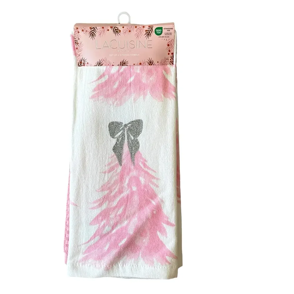 Pink Christmas Tree Kitchen Towels w/ Silver Glitter Bow Set of 4 Holiday GLA6